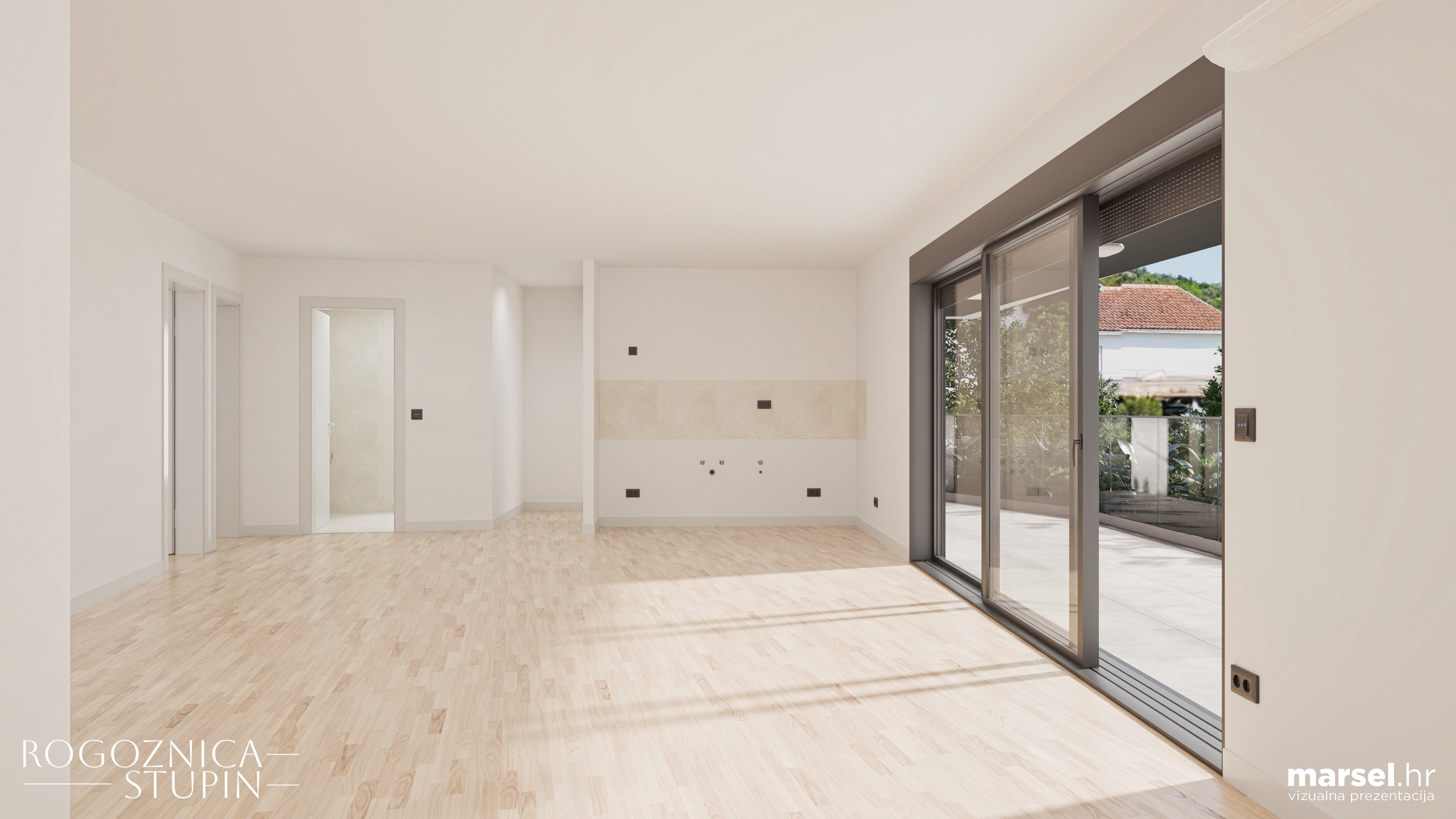Vizualizacija interijera apartmana u novogradnji Rogoznica Stupin. Prostrani i svijetli unutarnji prostori s pogledom na more, idealni za stanovanje ili investiranje u apartman na dalmatinskoj obali.